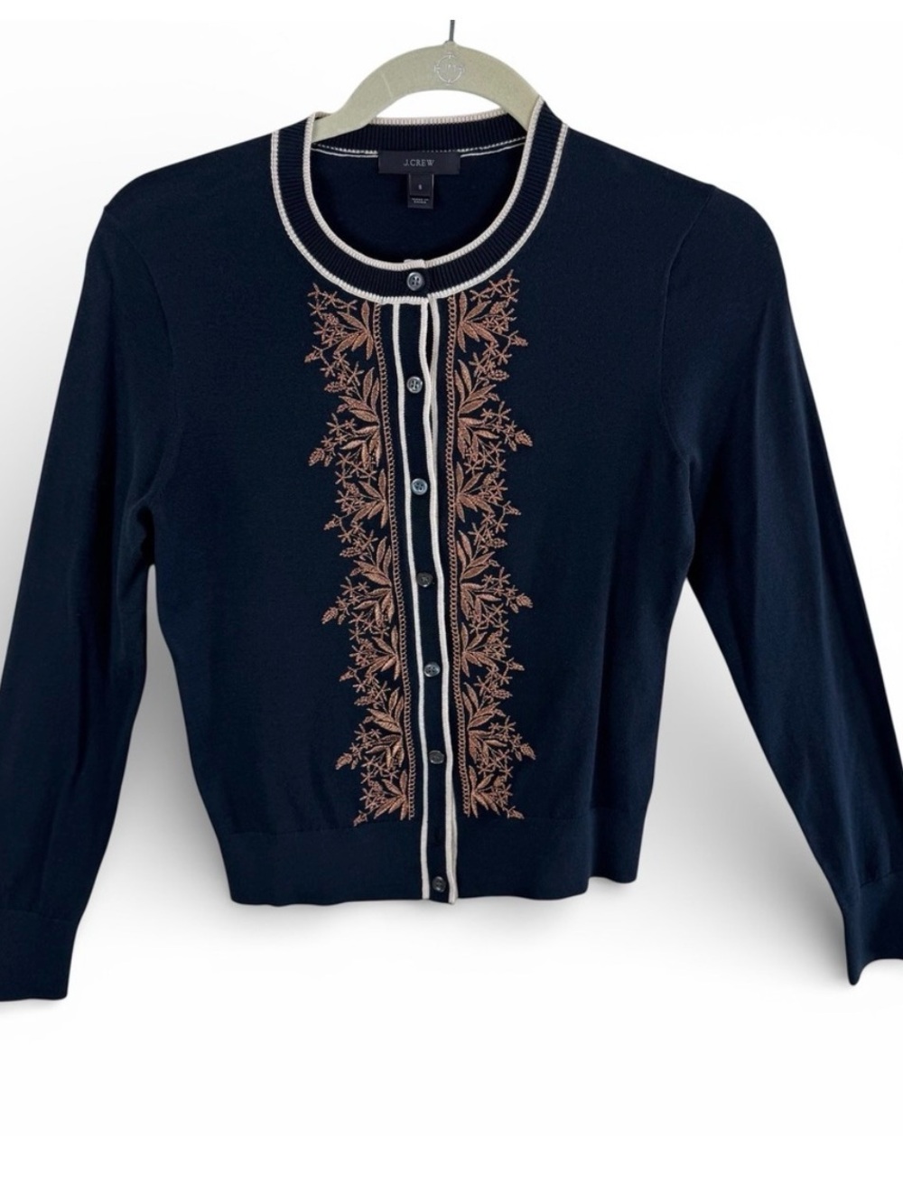 J.Crew Jackie Black Floral Rose Gold Embroidered Cardigan Sweater Old Money S